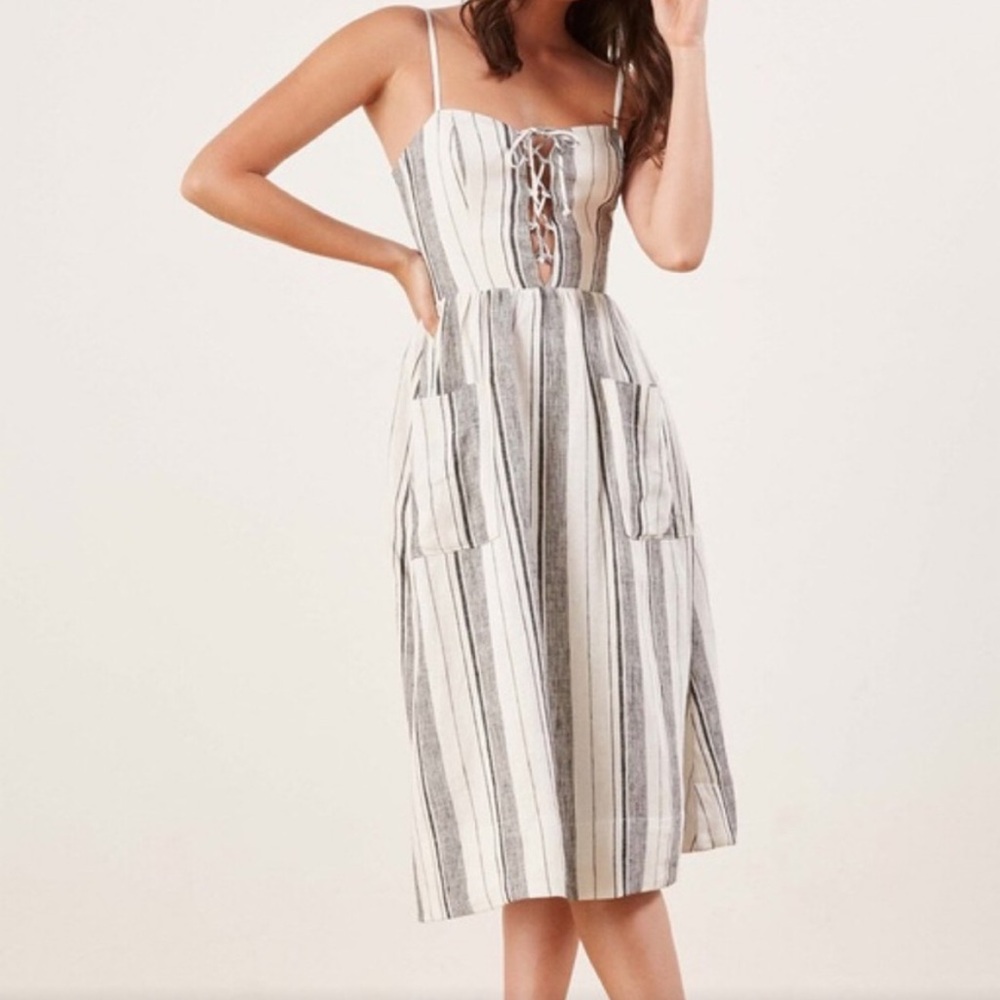 Reformation Linen Ellen Midi Dress in Louisiana Stripe 0